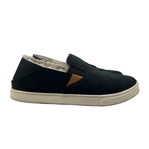 Olukai Womens 8 Loafer Black Suede Pehuea Heu Sheep Fur Lined Slip On Shoe - Picture 1 of 12